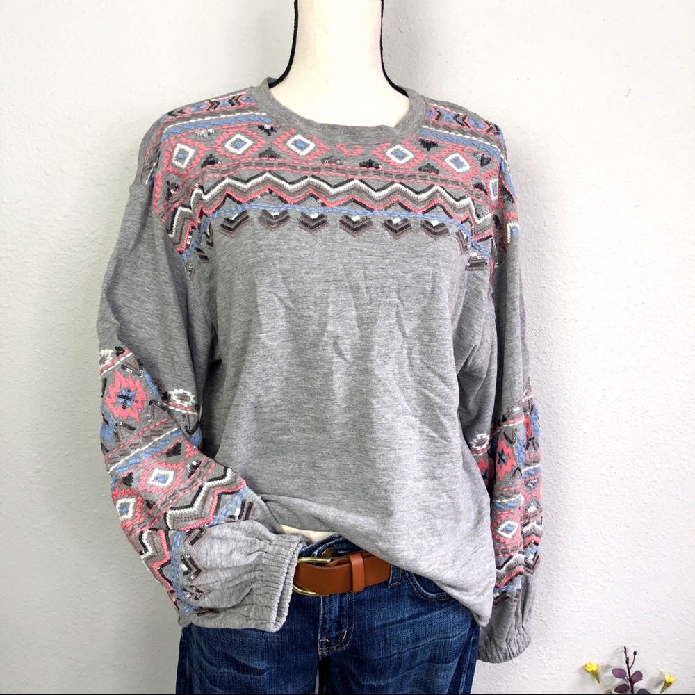 Anthropologie KAS New York Gray Embroidered Pattern Pullover Sweatshirt S-M